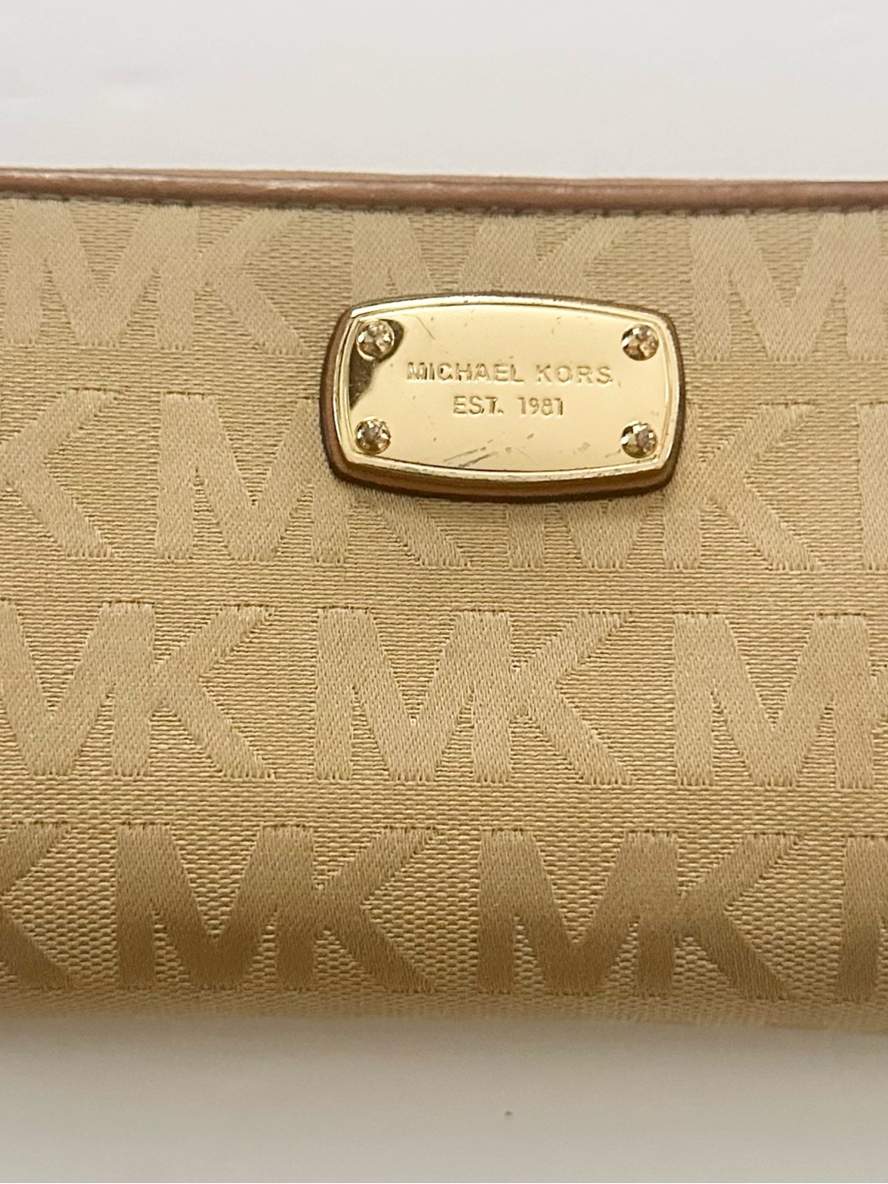 Michael Kors Tan Beige MK Logo Continental Wallet with Gold Plaque